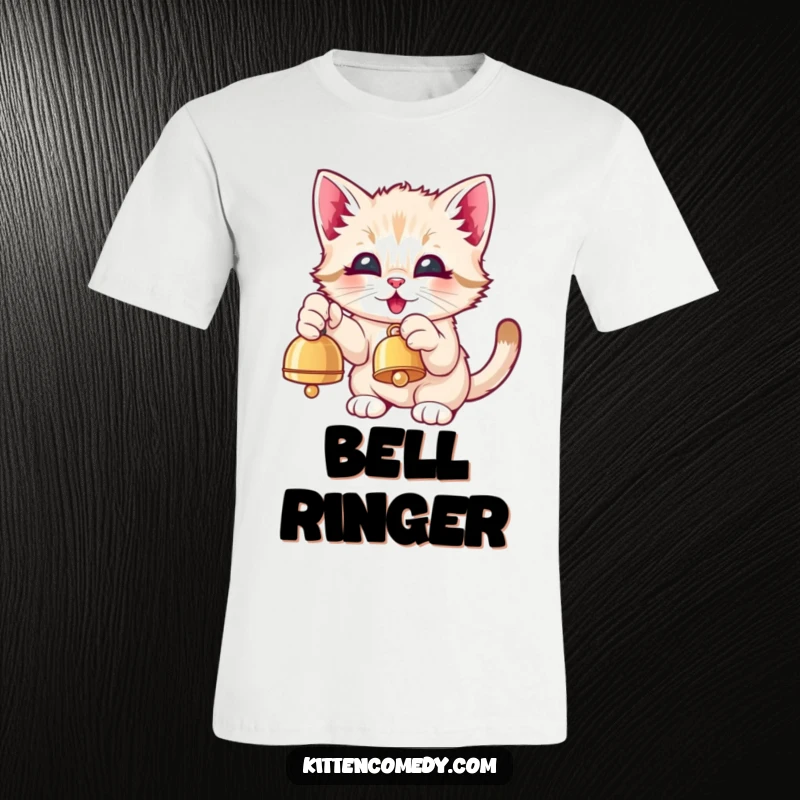 Funny Kawaii Kitten T-Shirt: A cute kitten eagerly pawing at a dangling bell with pure, happy excitement.