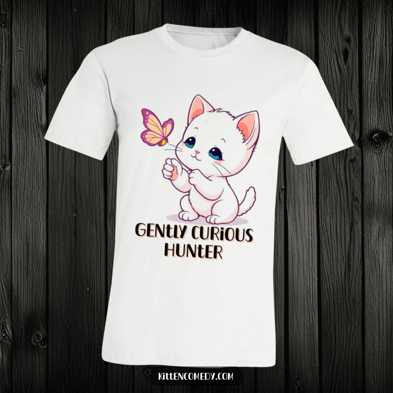 Funny Kawaii Kitten T-Shirt: A sweet, curious kitten gently bats its paw towards a beautifully floating butterfly.
