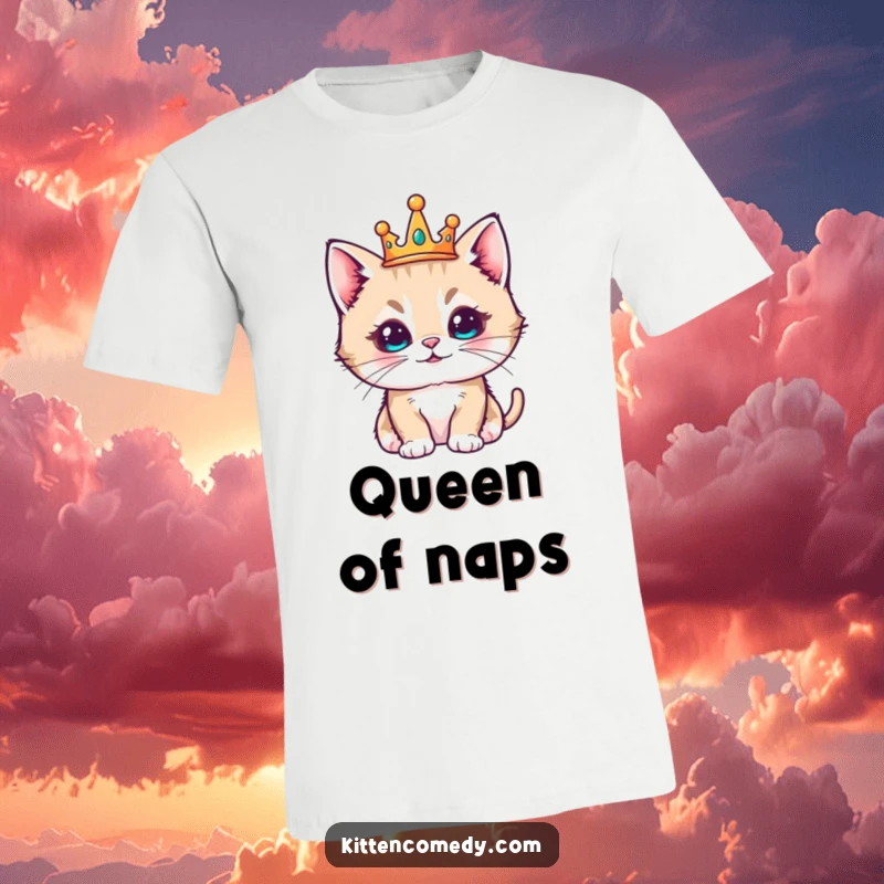 Funny kawaii kitten wearing a tiny crown, looking regal and pleased, comfortable graphic t-shirt.
