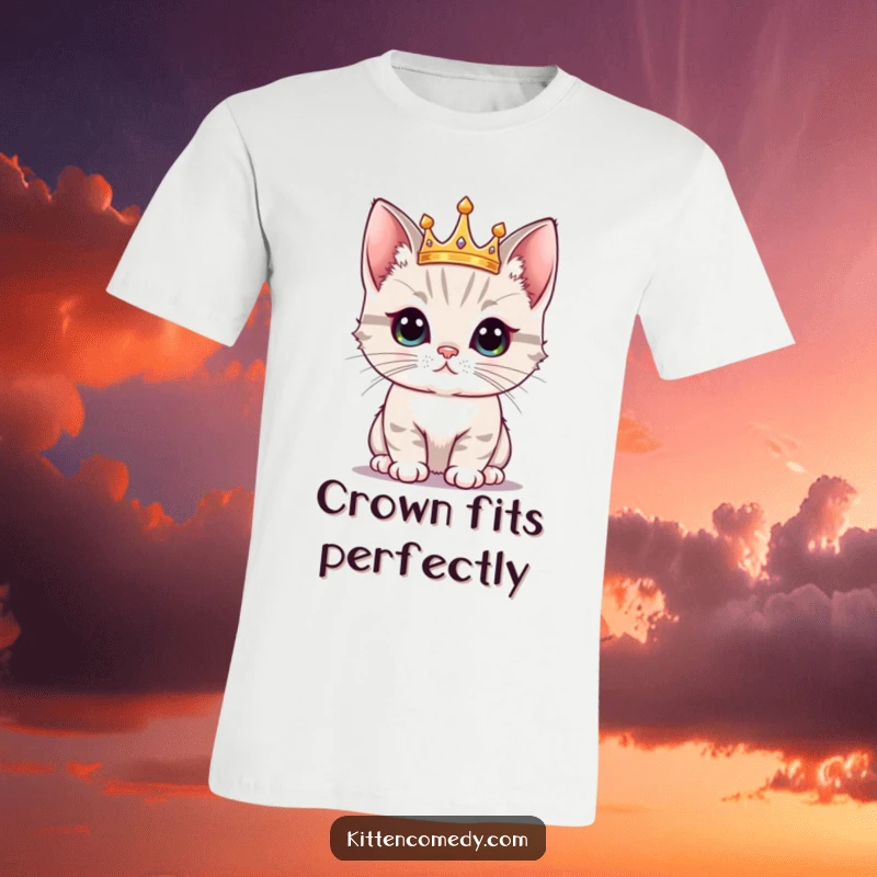 Funny Kawaii Kitten Crown T-Shirt: A proud kitten wearing a small crown, looking regal and full of funny confidence.