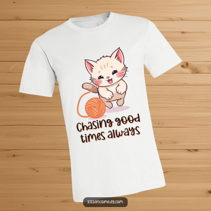 Funny Kawaii Kitten T-Shirt: A kitten playfully pouncing on a bouncing yarn ball, a humorous and adorable addition to any outfit.