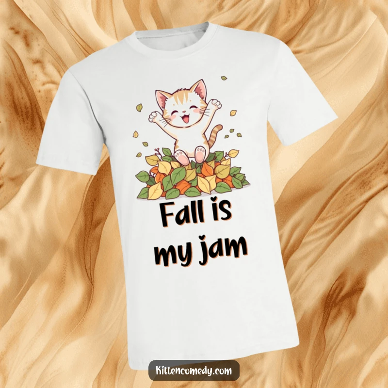 Funny kitten t-shirt featuring a happy cat leaping energetically into a pile of autumn leaves, embodying pure joy and seasonal delight.