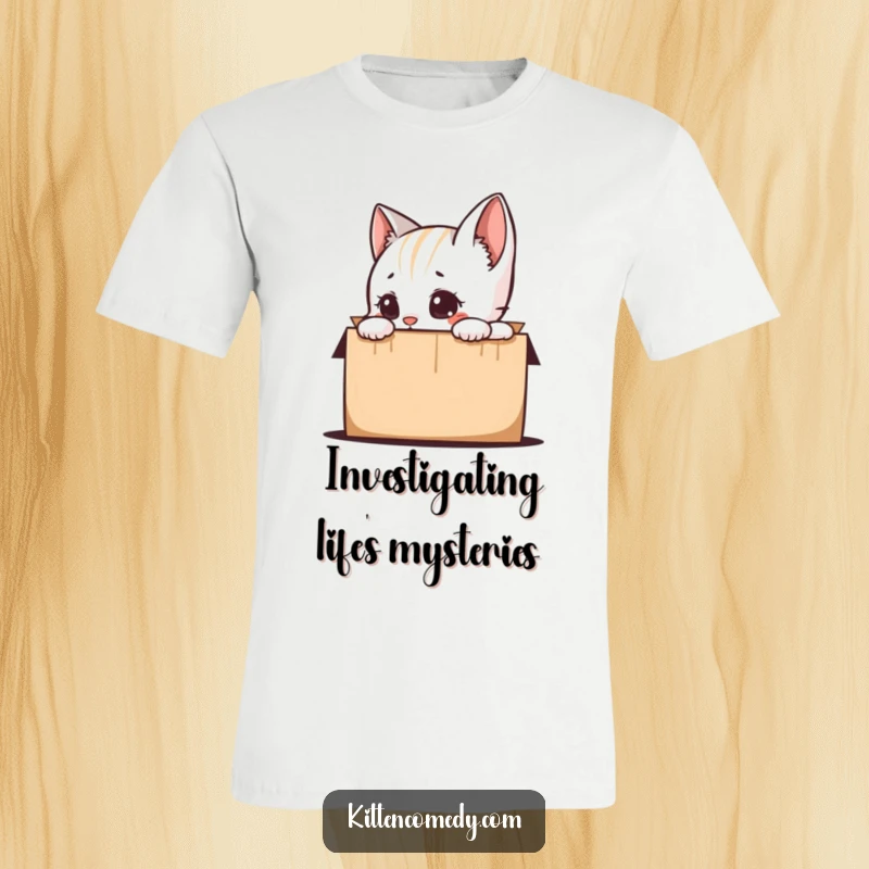 Funny kitten character curiously peering into a cardboard box, eyes wide with wonder, printed on a soft t-shirt, a hilarious cat-themed gift.