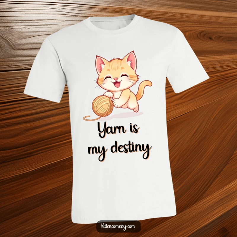 Funny happy kitten chasing a bouncing yarn ball with glee, a playful cat t-shirt for a funny gift.