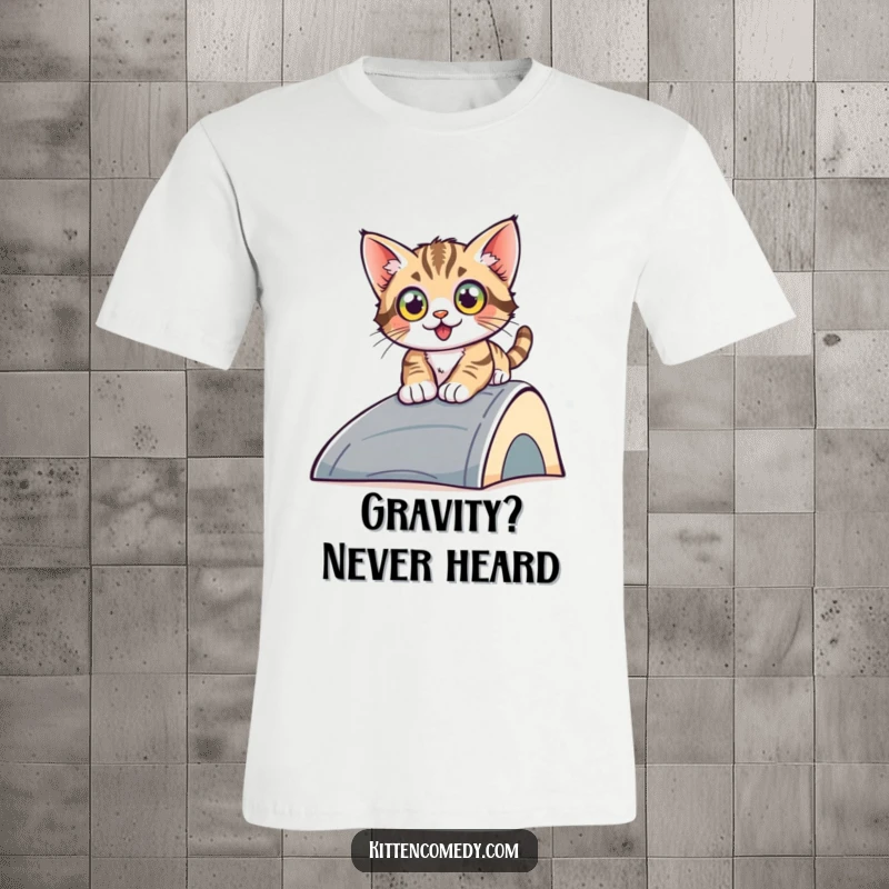 Funny sliding kitten t-shirt, a cute kitten with wide eyes zooming down a ramp, conveying excitement and hilarious motion.