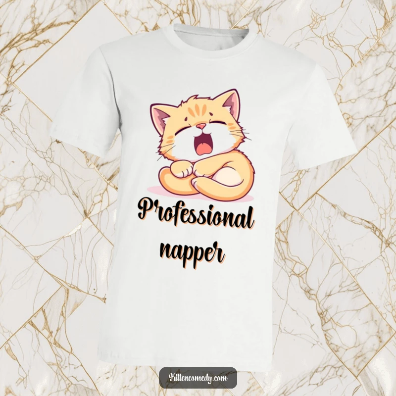 Funny Kitten Sunbeam T-Shirt: A tired kitten yawns widely while curled in a sunbeam, a humorous depiction of cozy exhaustion.