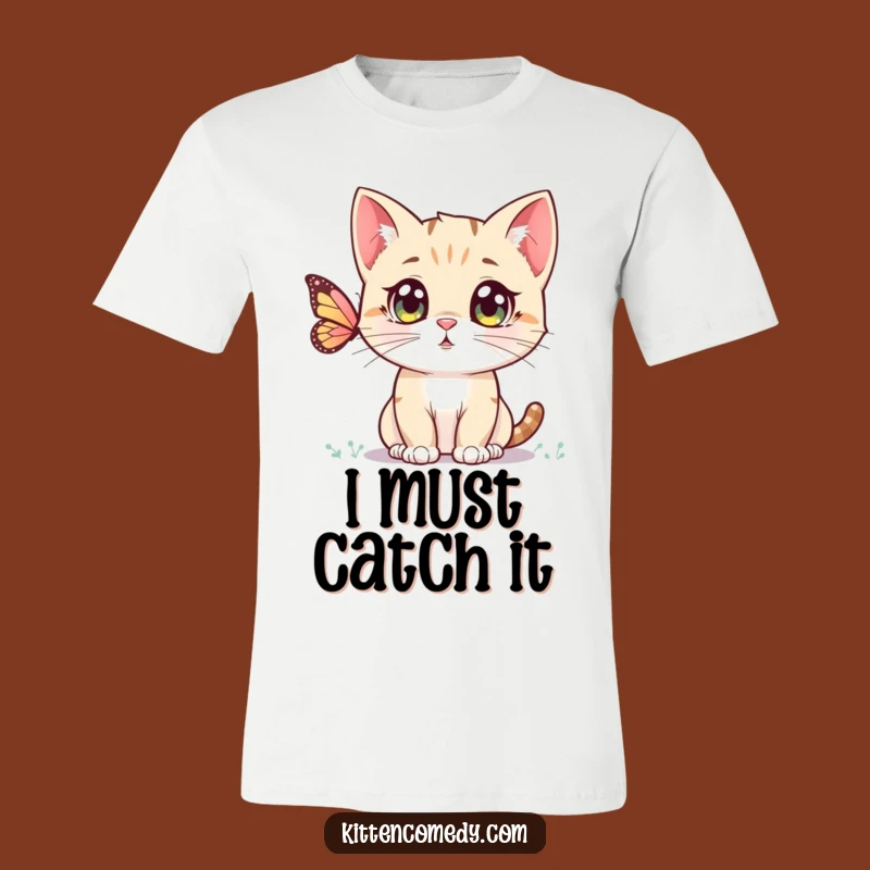 Funny Kawaii Kitten T-Shirt: Wide-eyed Kitty Watching Butterfly, Adorable & Comfy Tee Gift