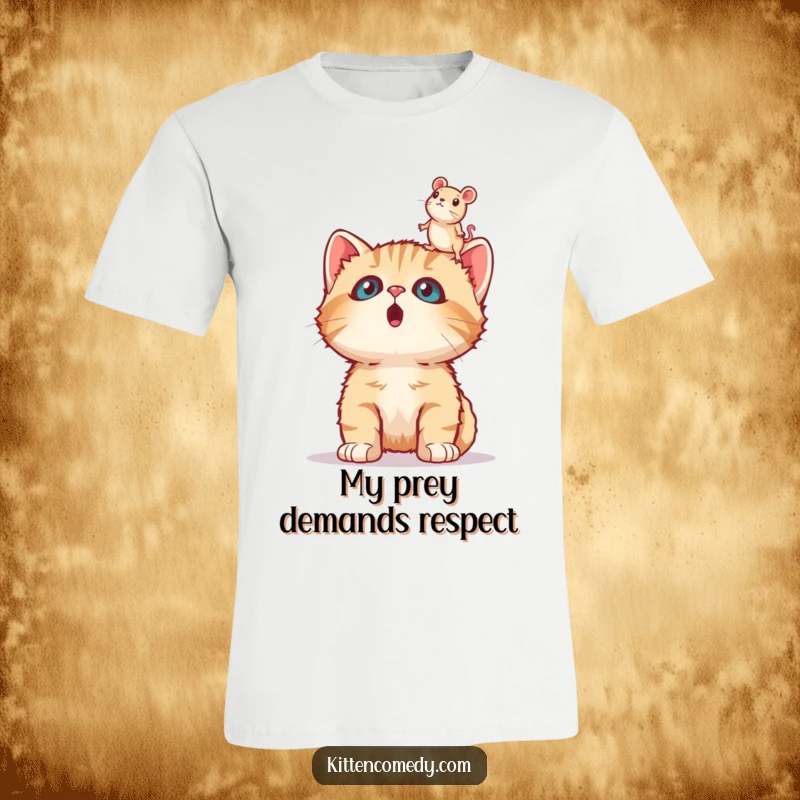 Funny surprised kitten t-shirt, wide-eyed and astonished, looking up at a hovering toy mouse, showcasing a comical reaction.