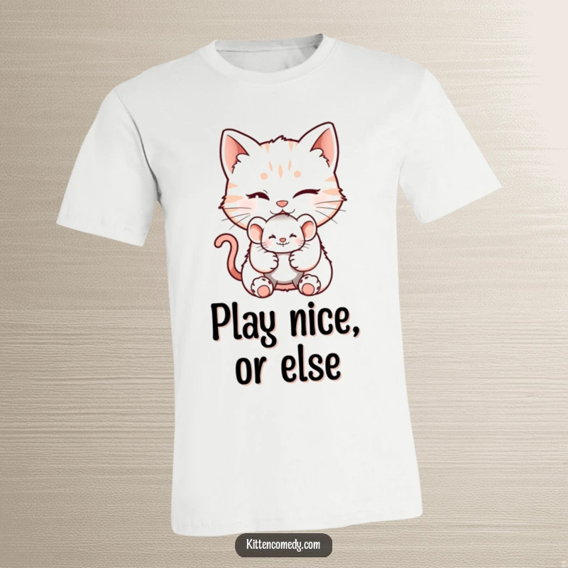 Funny t-shirt designed with a winking kitten character extending a tiny mouse toy, sporting a mischievous and inviting grin.