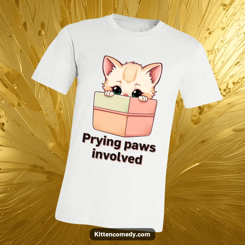 Funny Kitten Gift Box T-Shirt: A curious kitten peeking into a colorful gift box, a humorous and playful design.