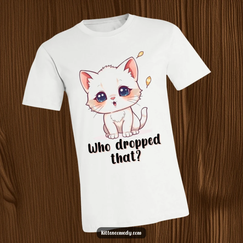 Funny t-shirt featuring a kitten looking utterly surprised by a falling feather. Expressive and comical cat illustration.