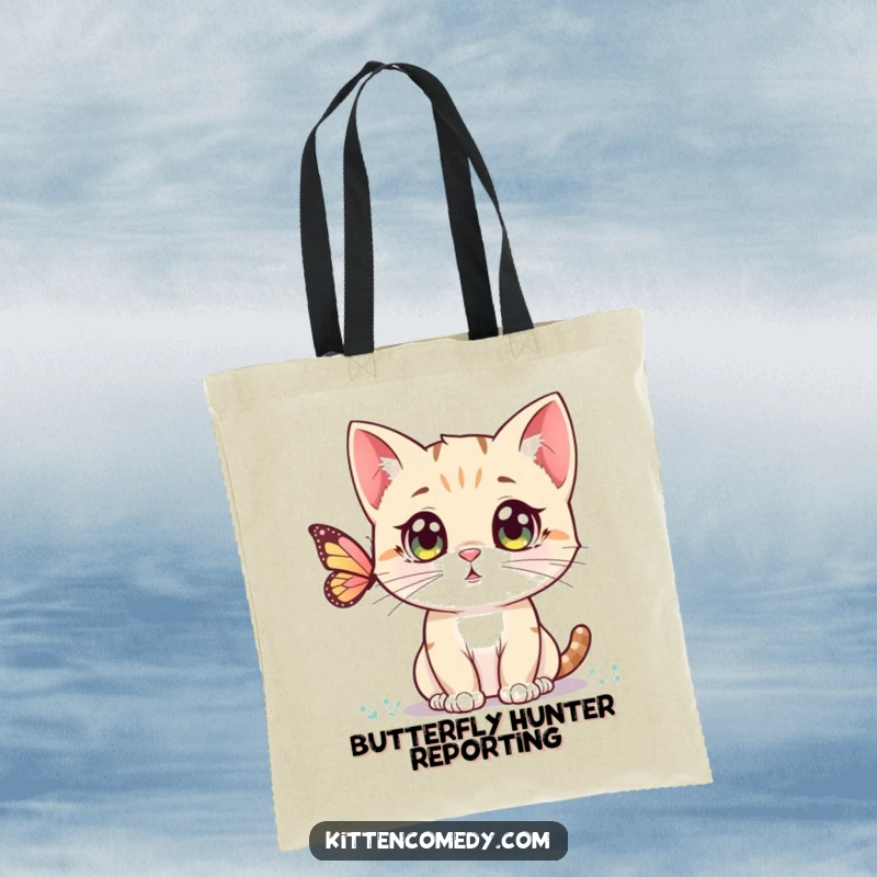 Funny Kawaii Kitten Tote Bag: A spacious tote featuring a cute kitten intensely watching a butterfly, highlighting curiosity.