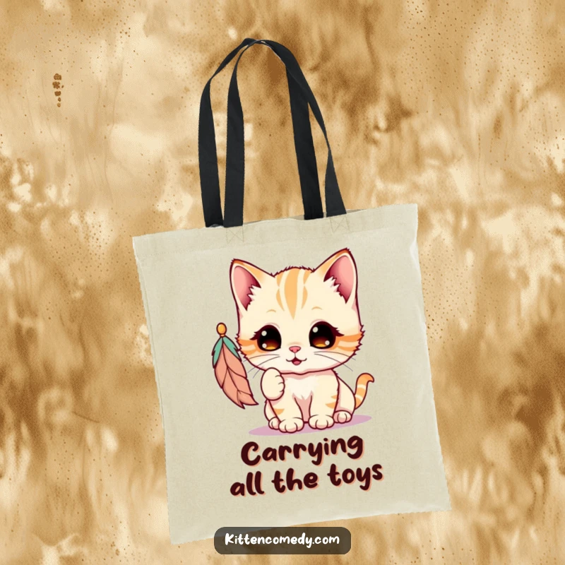 Funny Kawaii Kitten Tote Bag: A sweet kitten eagerly bats at a feather, showcasing playful energy for everyday errands.