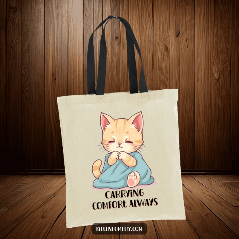 Funny tote bag featuring a kitten playfully kneading fabric. Great for groceries, books, or anything needing a touch of comfort.