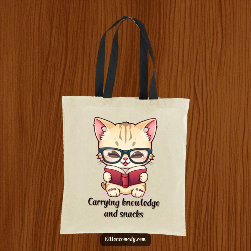 Funny tote bag showcasing a giggling kitten character in oversized glasses, devotedly reading a small book, perfect for book lovers.