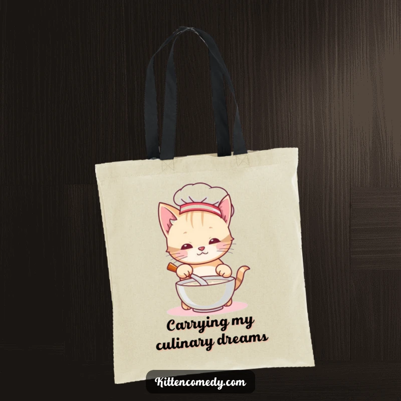 Funny chef kitten tote bag, featuring a cat chef stirring milk, ideal for carrying groceries with a humorous, delightful touch.
