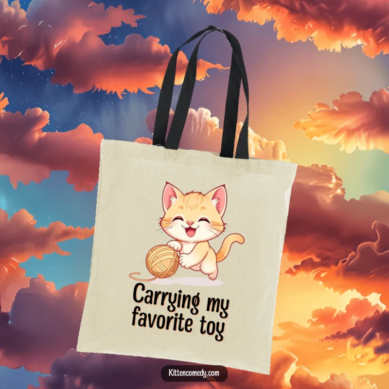 Funny happy kitten chasing a bouncing yarn ball, a stylish tote bag for a funny cat-themed gift.