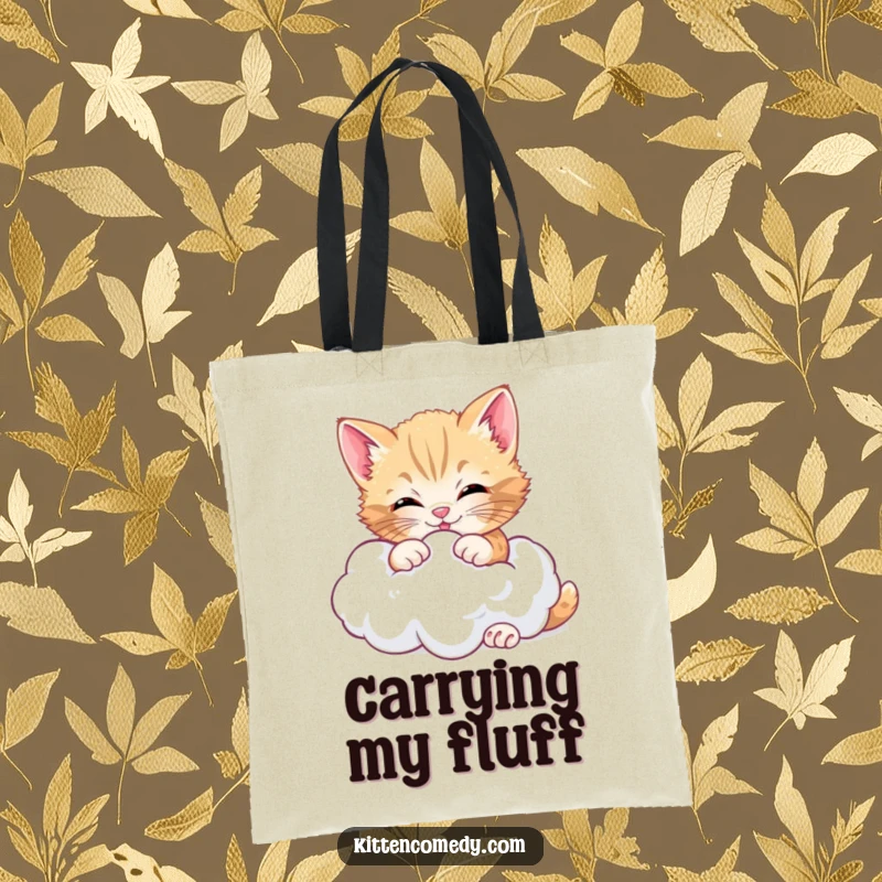Funny cheerful kitten tote bag, playfully wrestling a soft cloud, ideal for carrying essentials with a happy vibe.