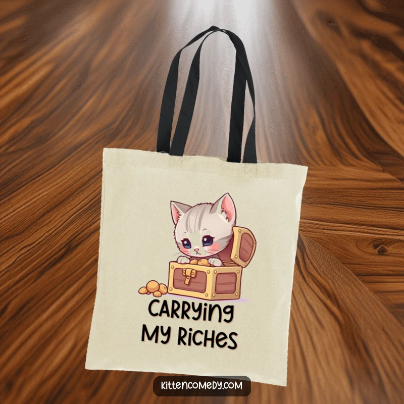 Funny curious kitten tote bag, peeking into an open treasure chest, ready for adventure and discovery.