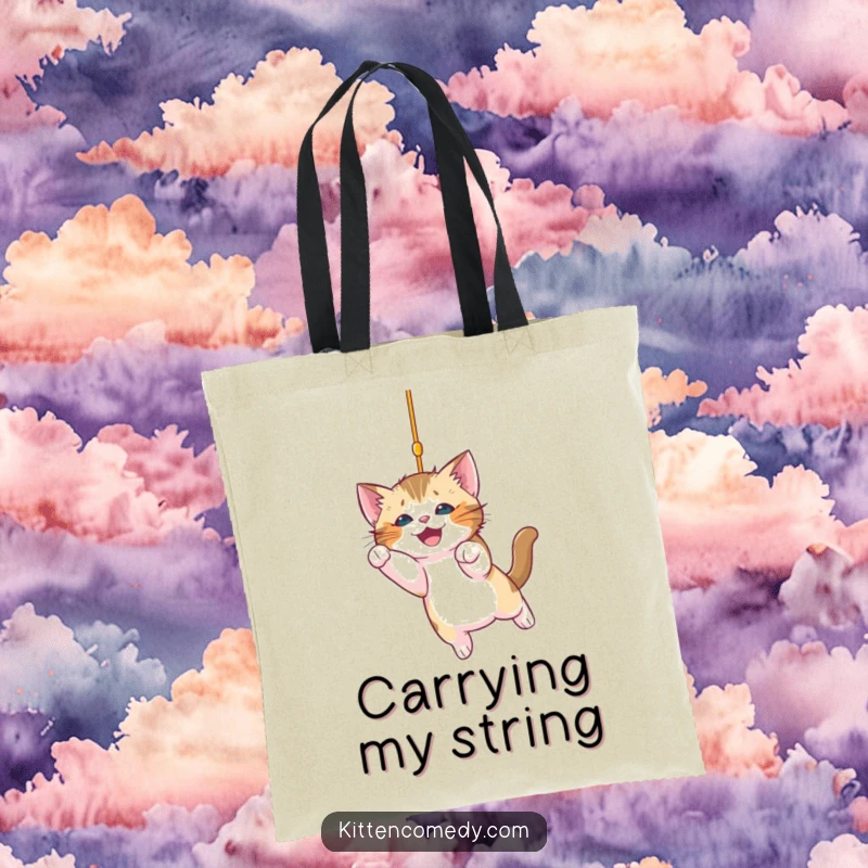 Funny kitten tote bag illustrating an excited kitten about to catch a dangling sparkly string, showcasing playful energy and a humorous scene.