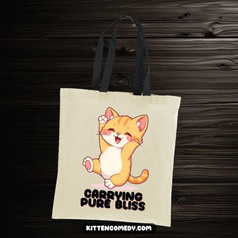 Funny Kitten Somersault Tote Bag: A joyful kitten doing a happy somersault with its tail up, a humorous and practical bag.