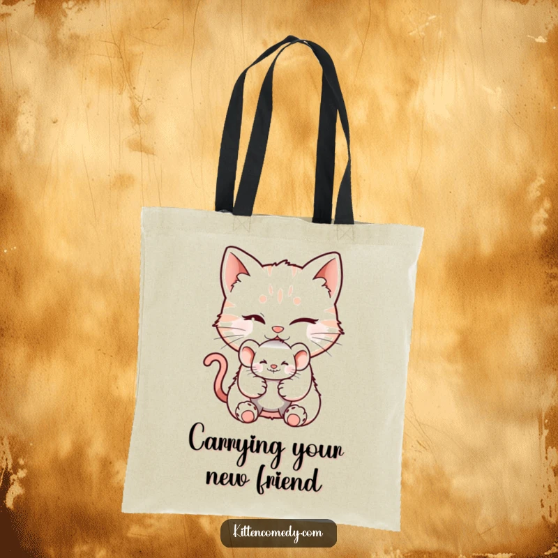 Funny tote bag showing a mischievous kitten character winking and holding out a tiny mouse toy, full of playful intent.