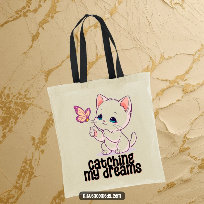 Funny Kawaii Kitten Tote Bag: A curious kitten's soft paw reaches for a floating butterfly, creating a peaceful scene.