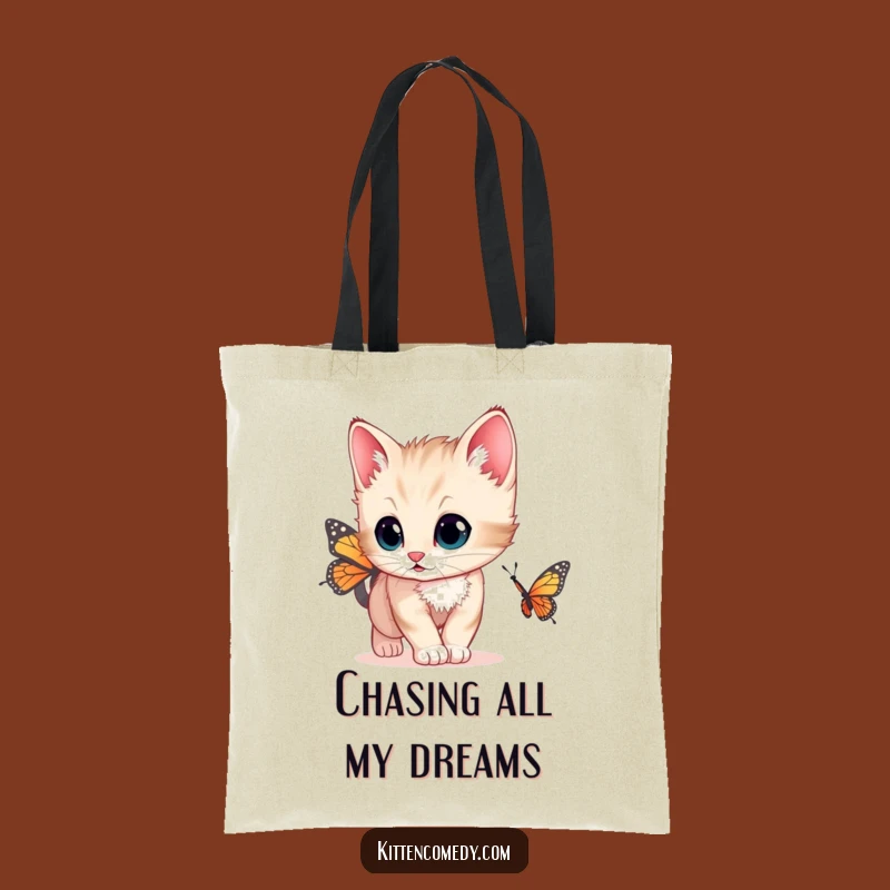 Funny Curious Kitten Tote Bag - Wide Eyes Butterfly Carryall