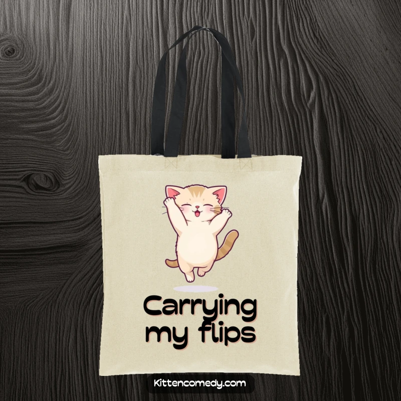 Funny kawaii kitten tote bag showing a cat executing a silly acrobatic flip with impressive agility.