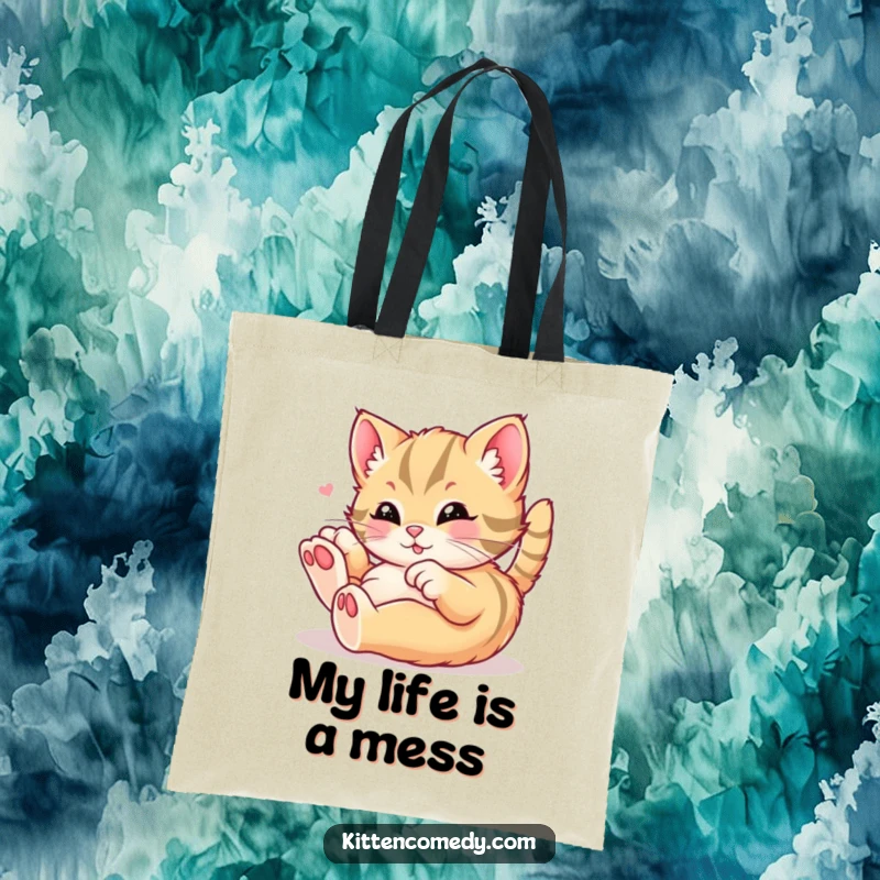 Funny kawaii kitten tote bag featuring a cat rolling around in playful delight, perfect for carrying daily items with a smile, a funny gift.