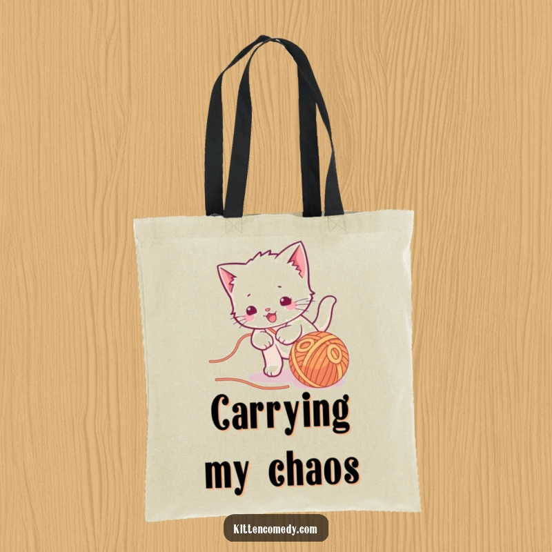 Funny kawaii kitten tote bag, chasing after a ball of yarn, a cute and playful character.