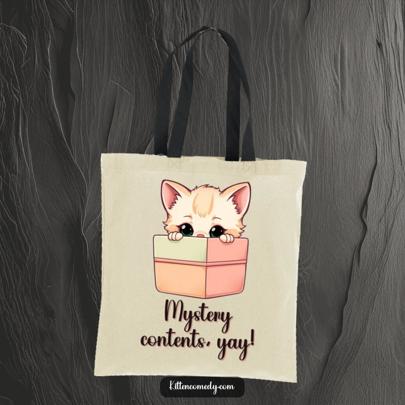 Funny Kitten Gift Box Tote Bag: A curious kitten peeking into a colorful gift box, a humorous and practical accessory.