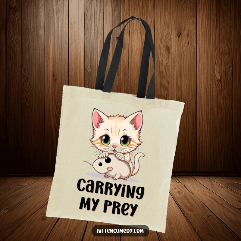 Funny kitten with wide eyes pouncing on a toy mouse on a reusable tote bag, perfect for carrying playful energy.
