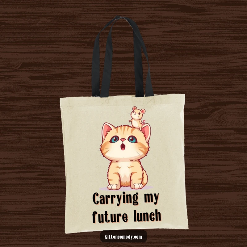 Funny surprised kitten tote bag, looking up in shock at a toy mouse, ready for shopping adventures with a comical expression.