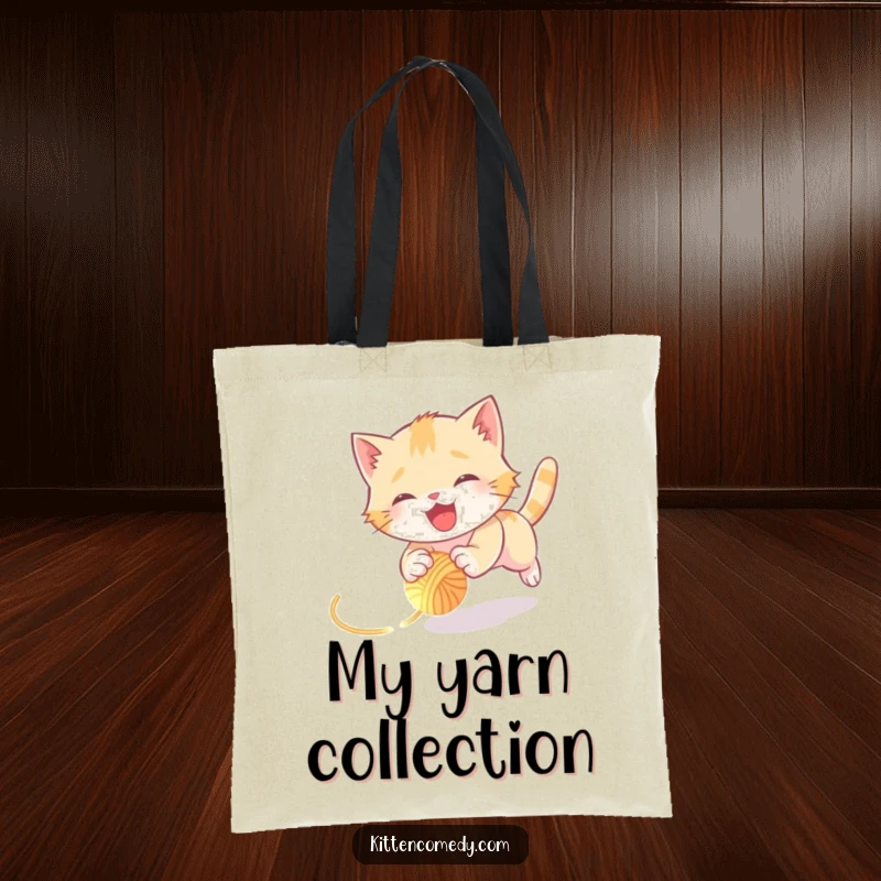 Funny kitten tote bag illustrating a joyful kitten tumbling uncontrollably while chasing a glowing yarn ball, capturing pure feline fun.